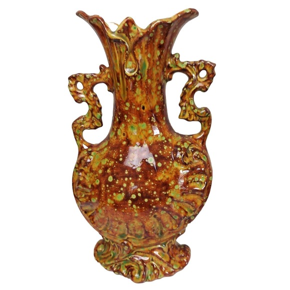 VTG Art Pottery Ewer Vase Brown Orange Green 1960-70s Pitcher Handled Hand Paint - Picture 3 of 12